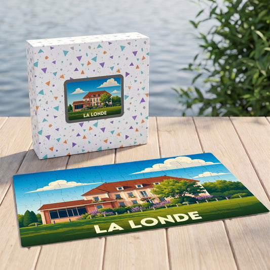 Puzzle souvenir de la ville de La Londe représentant une grande demeure provençale dans un style illustration.