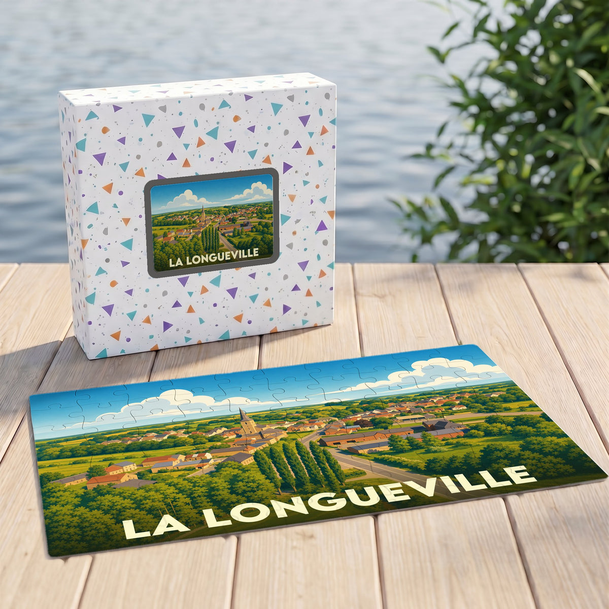 Puzzle souvenir de la ville de La Longueville présentant une illustration paysagère stylisée.