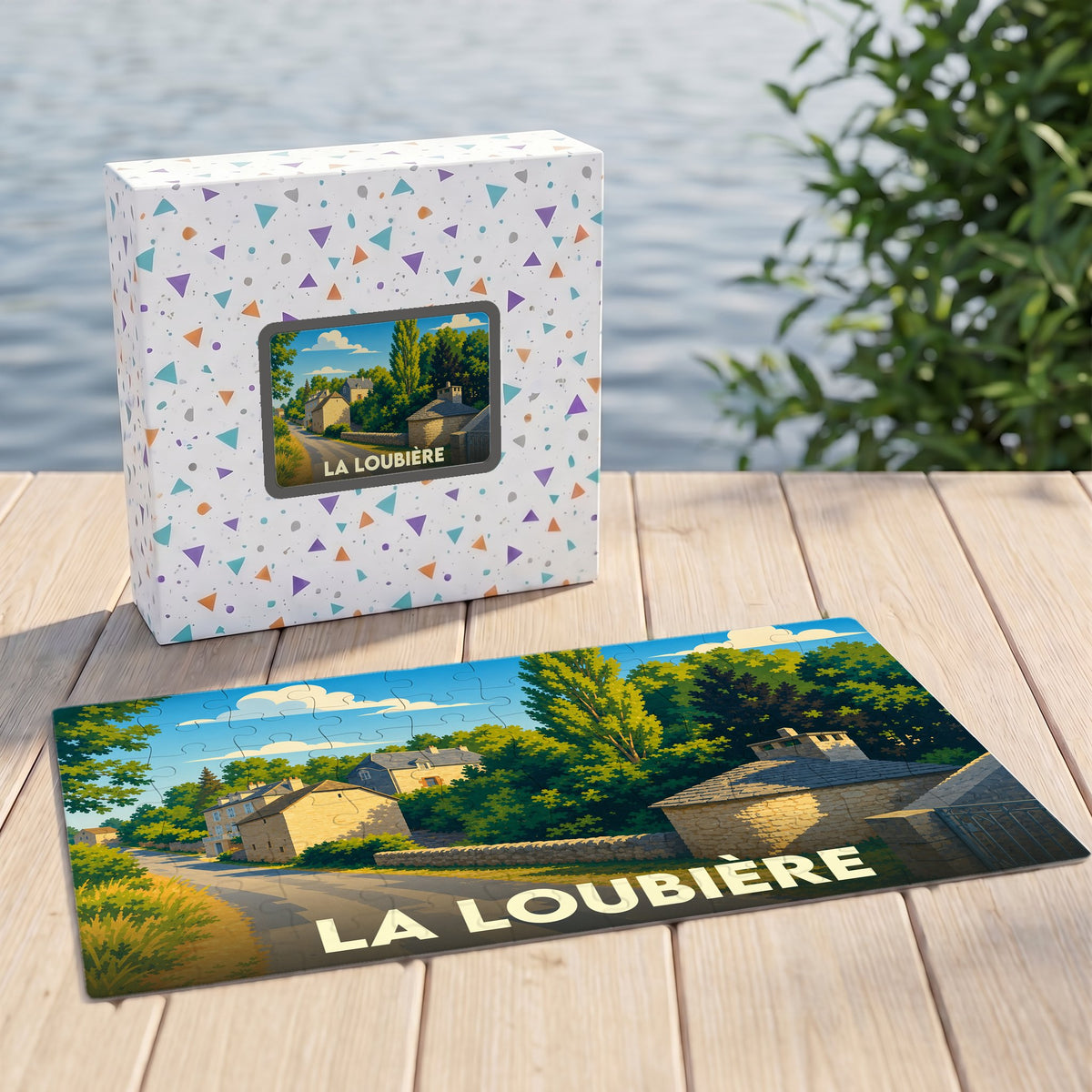 Puzzle souvenir de la ville de La Loubière avec une illustration stylisée d'un paysage rural.