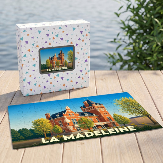 Puzzle souvenir de la ville de La Madeleine avec une illustration stylisée de l'hôtel de ville.