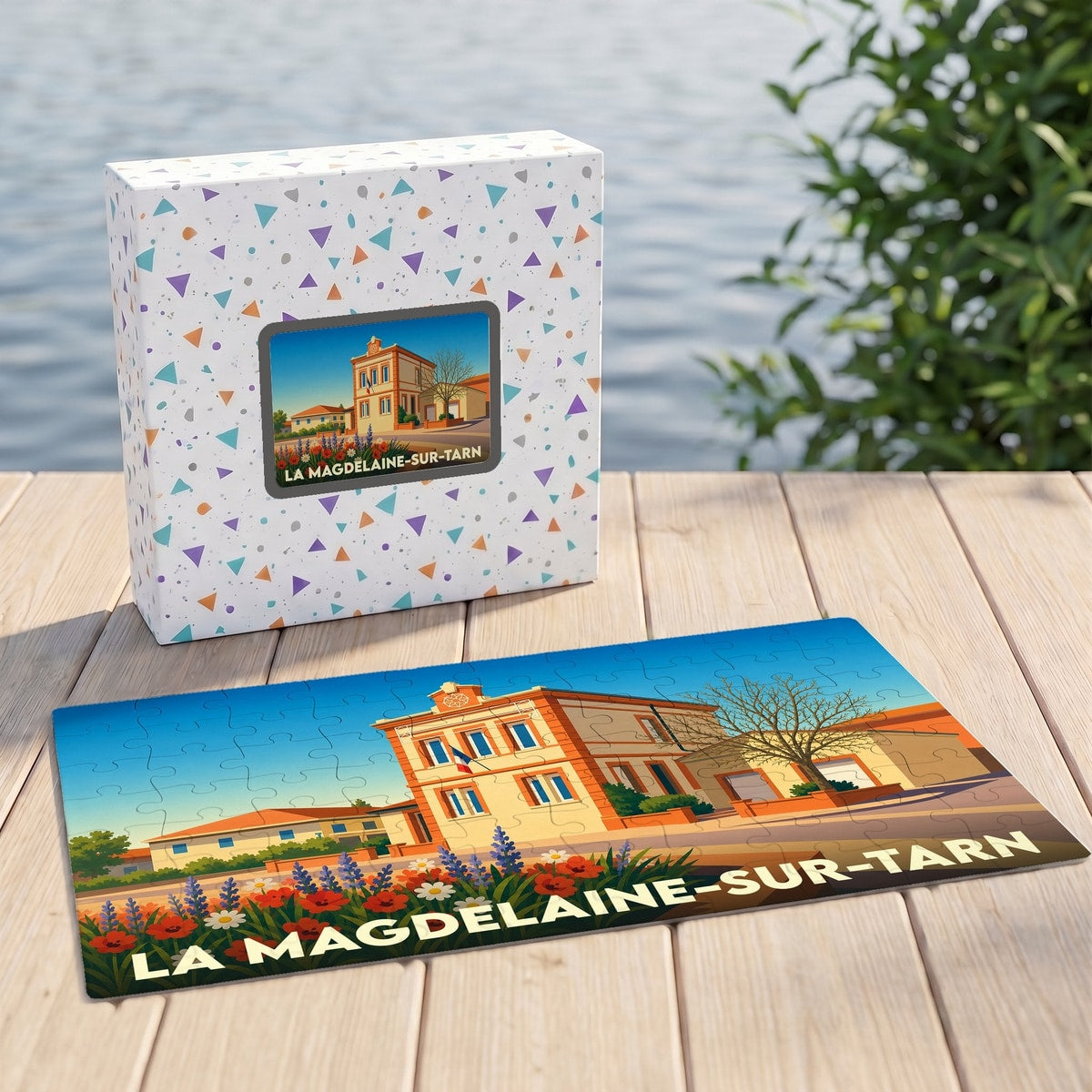 Puzzle souvenir de la ville de La Magdelaine-sur-Tarn avec une illustration colorée du bâtiment de la mairie.