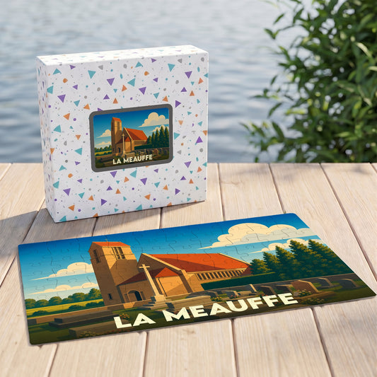 Puzzle souvenir de la ville de La Meauffe illustrant son église dans un style graphique épuré.