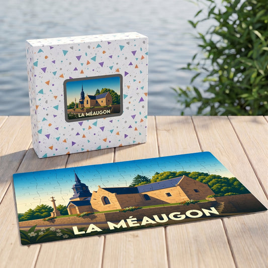Puzzle souvenir de la ville de La Méaugon avec une illustration stylisée de son église.