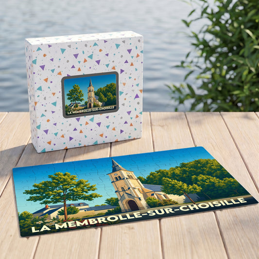 Puzzle souvenir de la ville de La Membrolle-sur-Choisille avec une illustration stylisée de son église.