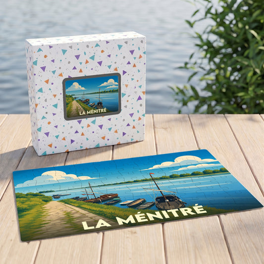 Puzzle souvenir de la ville de La Ménitré illustrant des bateaux traditionnels sur la Loire.