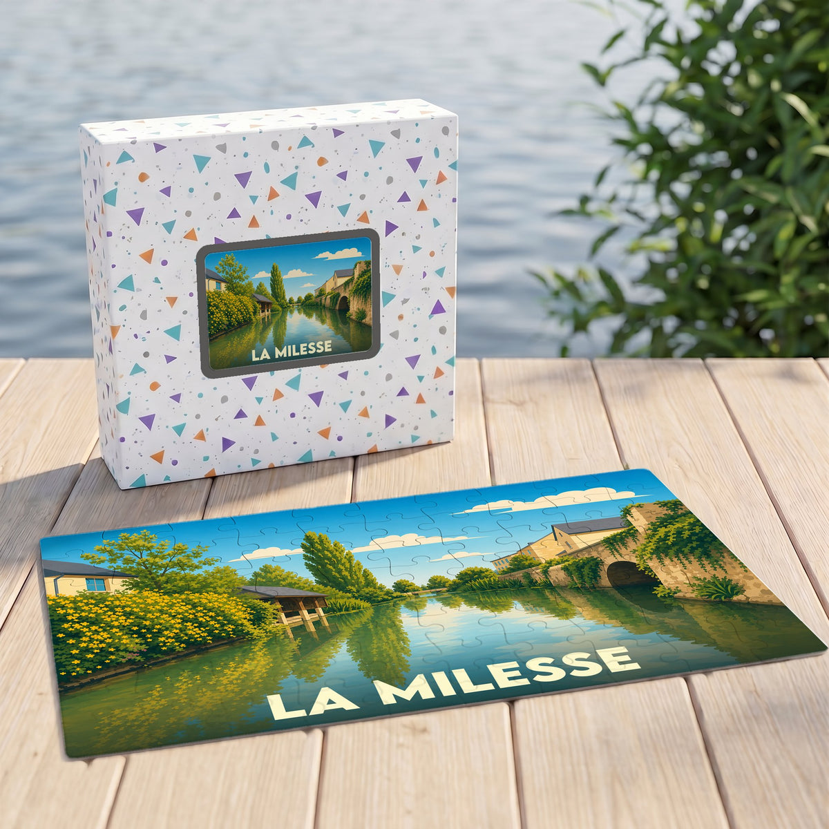 Puzzle souvenir de la ville de La Milesse illustrant un paysage fluvial paisible et verdoyant.