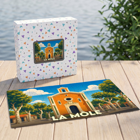 Puzzle souvenir de la ville de La Môle avec une illustration stylisée de son église provençale.