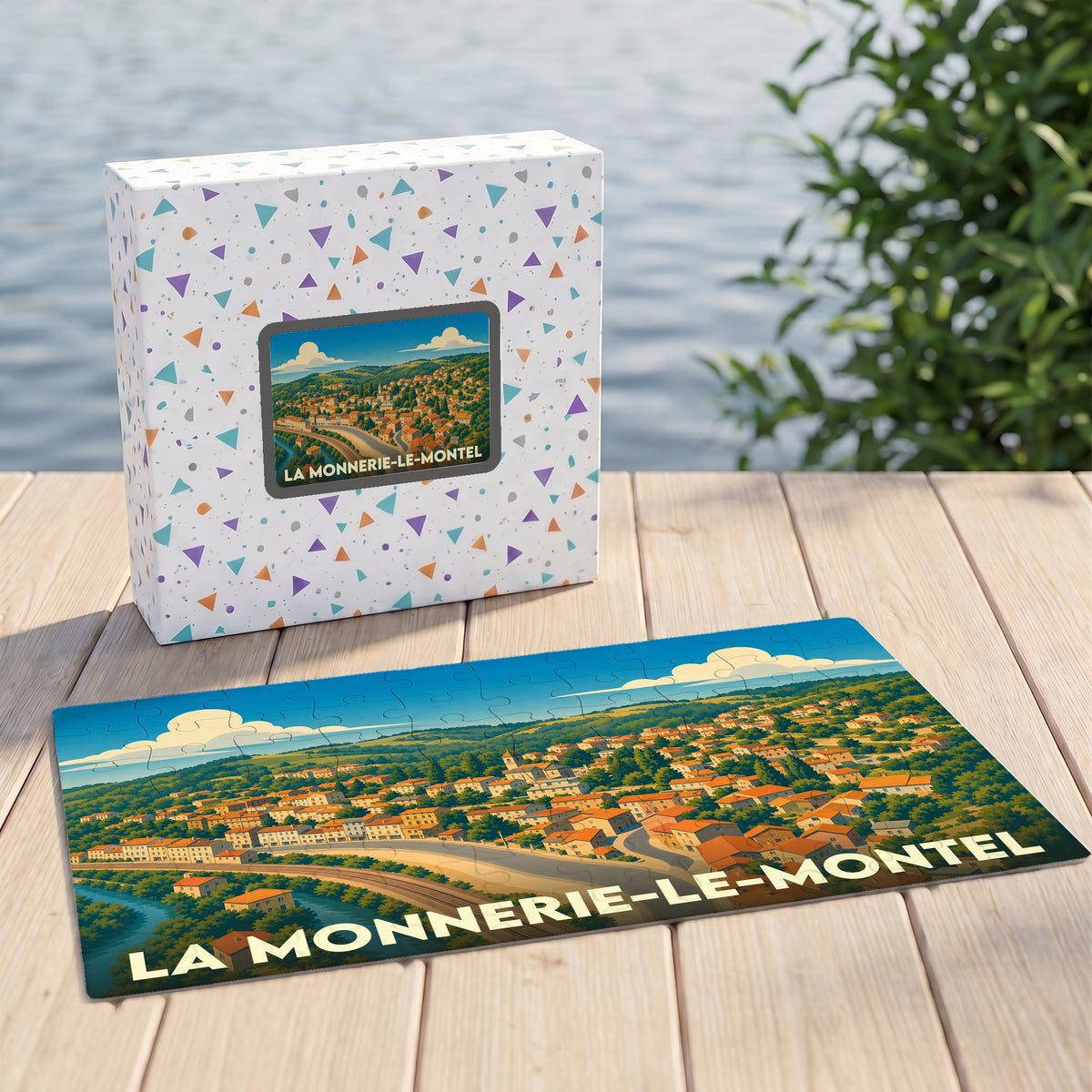 Puzzle souvenir de la ville de La Monnerie-le-Montel avec une illustration stylisée de son paysage urbain.
