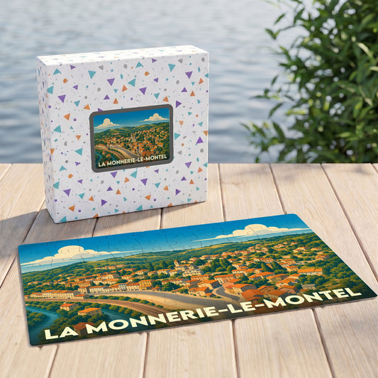 Puzzle souvenir de la ville de La Monnerie-le-Montel avec une illustration stylisée de son paysage urbain.