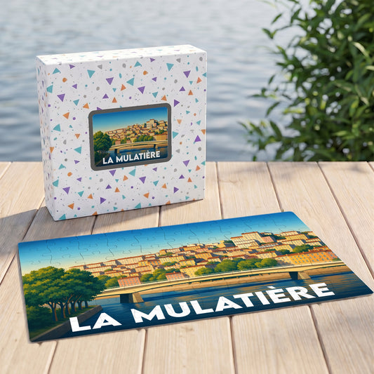 Puzzle souvenir de la ville de La Mulatière avec une illustration stylisée.