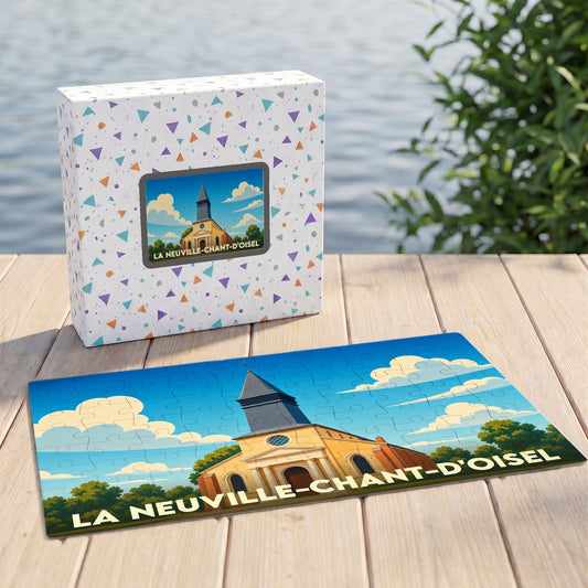Puzzle souvenir de la ville de La Neuville-Chant-d'Oisel avec une illustration stylisée de son église.