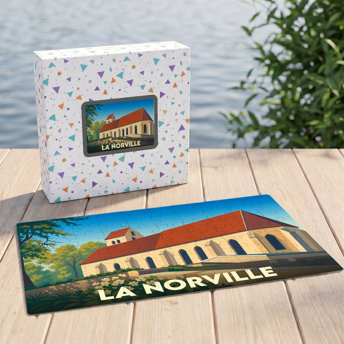 Puzzle souvenir de la ville de La Norville avec une illustration stylisée de son église.