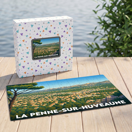 Puzzle souvenir de la ville de La Penne-sur-Huveaune avec une illustration panoramique stylisée.