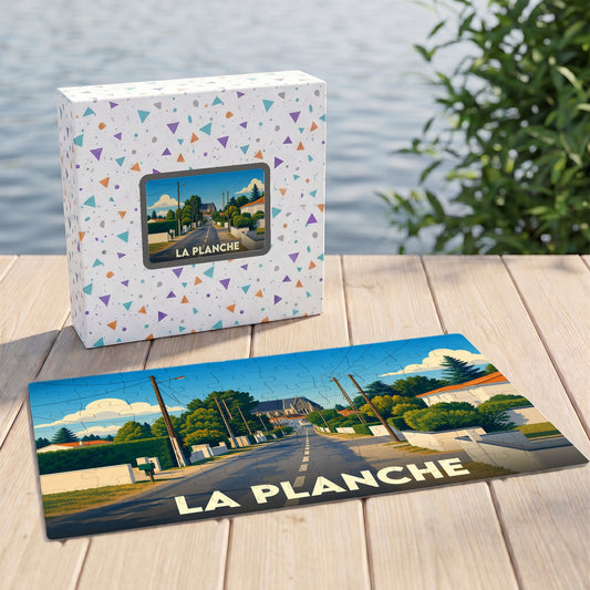 Puzzle souvenir de la ville de La Planche avec une illustration stylisée d'un paysage urbain.