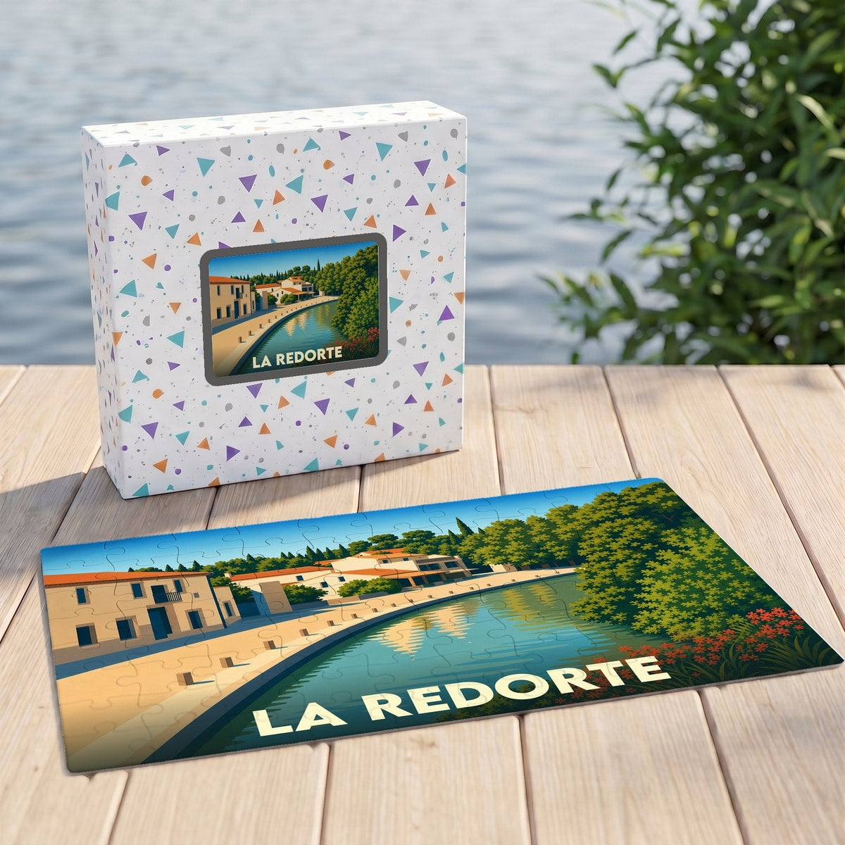 Puzzle souvenir de la ville de La Redorte avec une illustration stylisée d'un canal bordé de maisons.