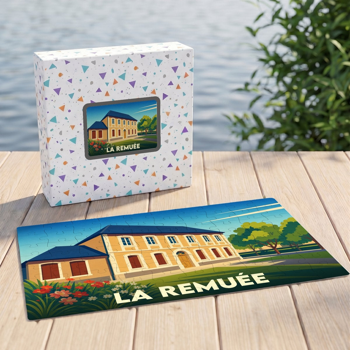 Puzzle souvenir de la commune de La Remuée avec une illustration stylisée d'un bâtiment historique.