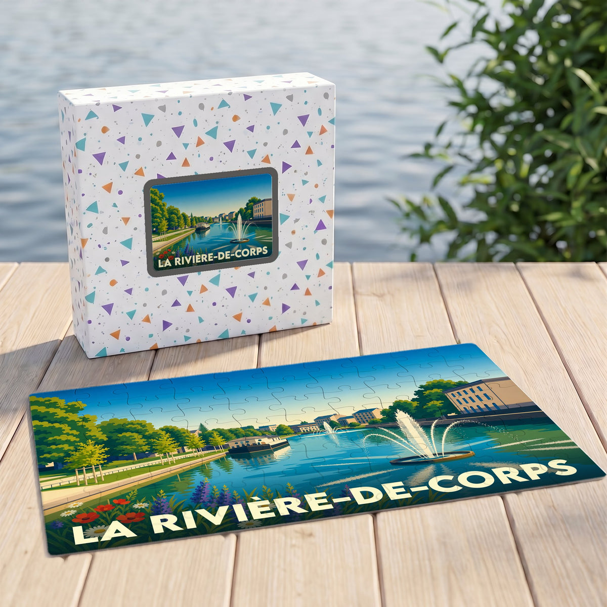 Puzzle souvenir de la ville de La Rivière-de-Corps avec une illustration stylisée et colorée.