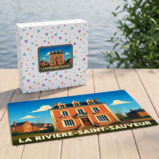 Puzzle souvenir de la ville de La Rivière-Saint-Sauveur avec une illustration stylisée d'un bâtiment historique.