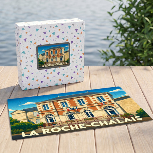 Puzzle souvenir de la ville de La Roche-Chalais illustrant son hôtel de ville dans un style rétro.