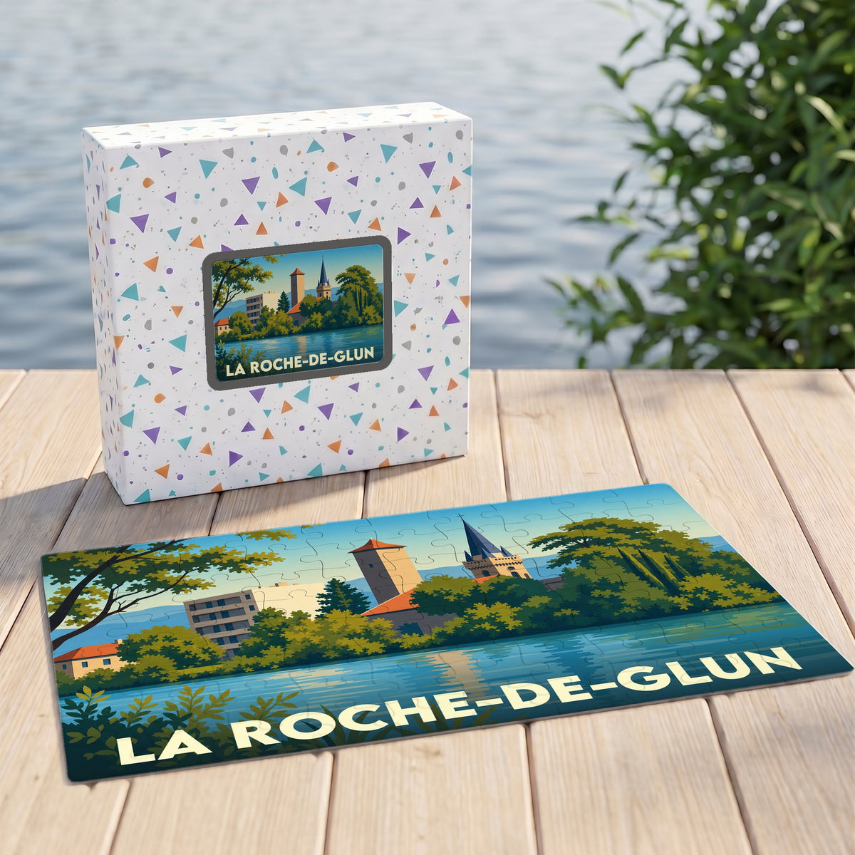 Puzzle souvenir de la ville de La Roche-de-Glun avec une illustration stylisée et colorée.