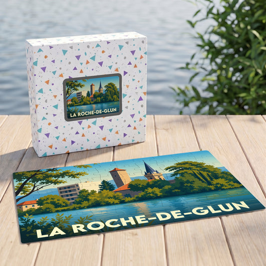 Puzzle souvenir de la ville de La Roche-de-Glun avec une illustration stylisée et colorée.
