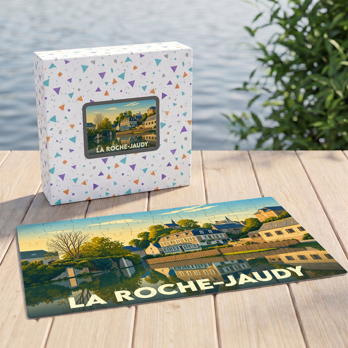 Puzzle souvenir de la commune de La Roche-Jaudy avec une illustration stylisée et colorée.