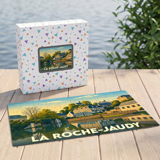 Puzzle souvenir de la commune de La Roche-Jaudy avec une illustration stylisée et colorée.