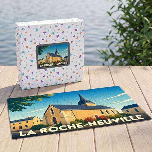 Puzzle souvenir de la ville de La Roche-Neuville avec une illustration stylisée d'une église sous un ciel bleu.