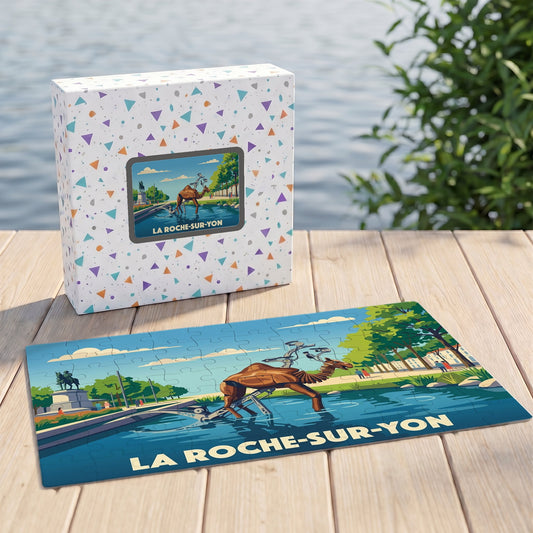 Puzzle souvenir de la ville de La Roche-sur-Yon illustrant ses célèbres animaux mécaniques dans un style rétro.