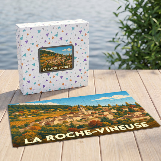 Puzzle souvenir de la ville de La Roche-Vineuse avec une illustration de paysage de style vintage.