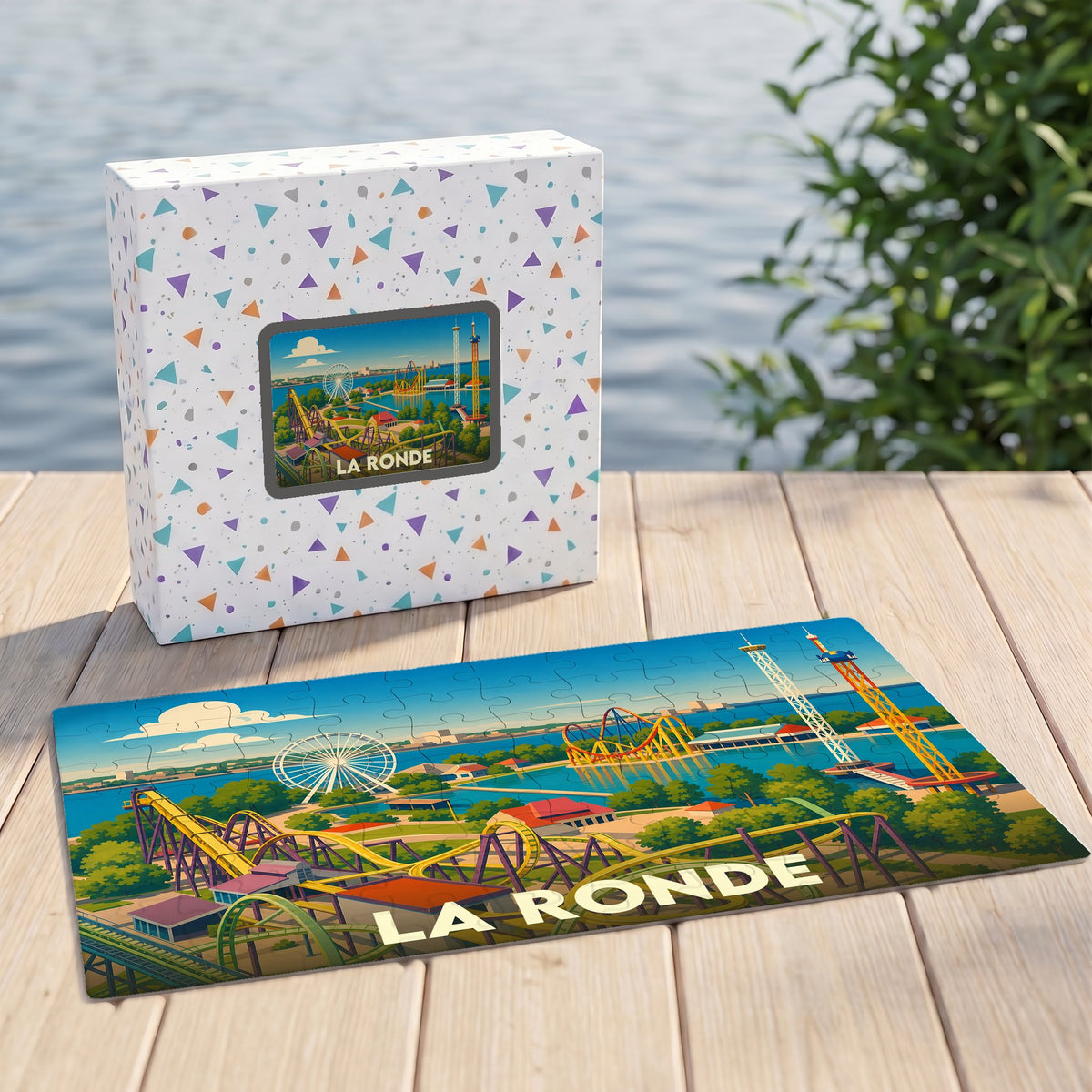 Puzzle souvenir de La Ronde présentant une illustration stylisée du parc d'attractions et de ses montagnes russes.