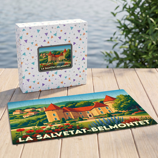 Puzzle souvenir de la ville de La Salvetat-Belmontet avec une illustration stylisée de son château.