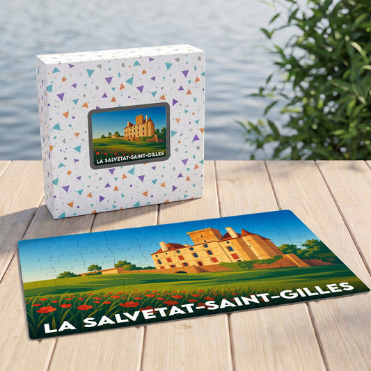 Puzzle souvenir de la ville de La Salvetat-Saint-Gilles avec une illustration stylisée d'un château.