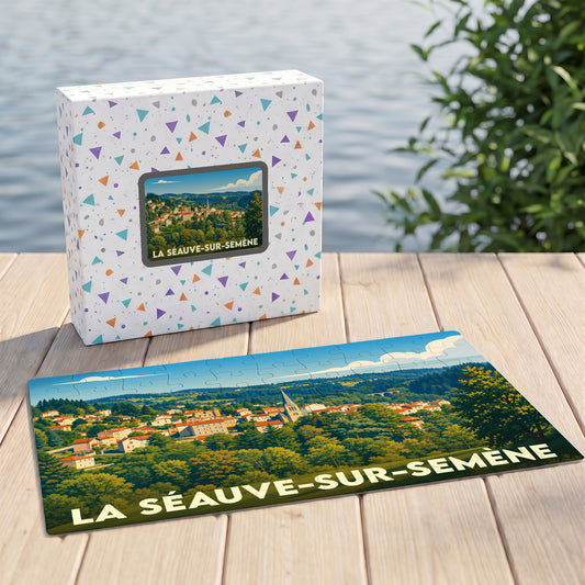 Puzzle souvenir de la ville de La Séauve-sur-Semène avec une illustration paysagère stylisée.