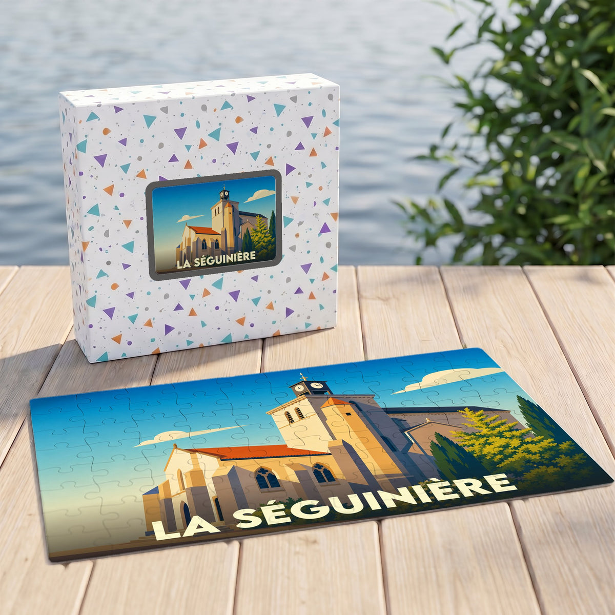 Puzzle souvenir de la ville de La Séguinière avec une illustration stylisée de son église.