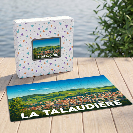 Puzzle souvenir de la ville de La Talaudière avec une illustration panoramique stylisée.