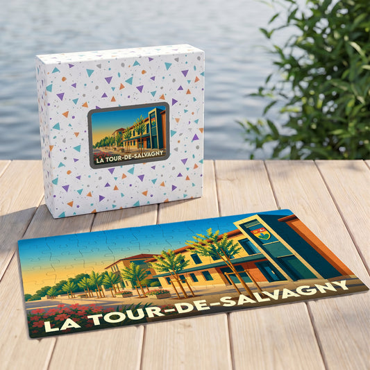 Puzzle souvenir de la ville de La Tour-de-Salvagny avec une illustration stylisée d'un bâtiment emblématique.