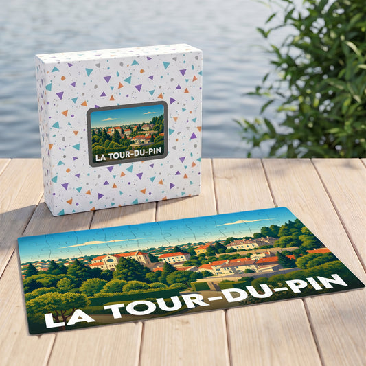 Puzzle souvenir de la ville de La Tour-du-Pin avec une illustration stylisée et colorée du paysage urbain.