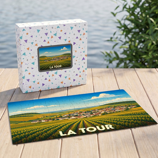 Puzzle souvenir de la ville de La Tour représentant un paysage de vignobles ensoleillé.