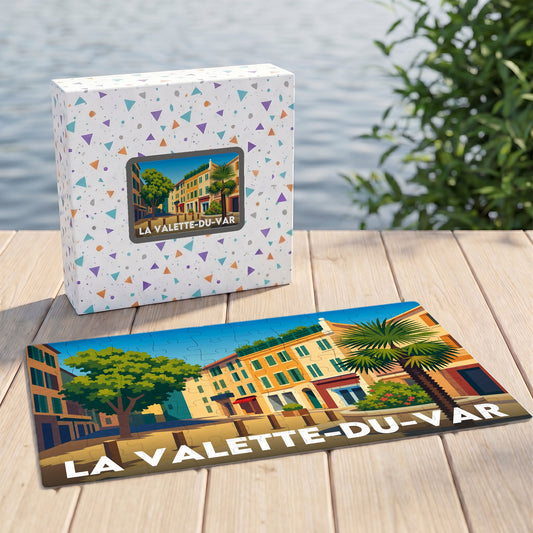 Puzzle souvenir de la ville de La Valette-du-Var avec une illustration colorée et stylisée de ses rues.