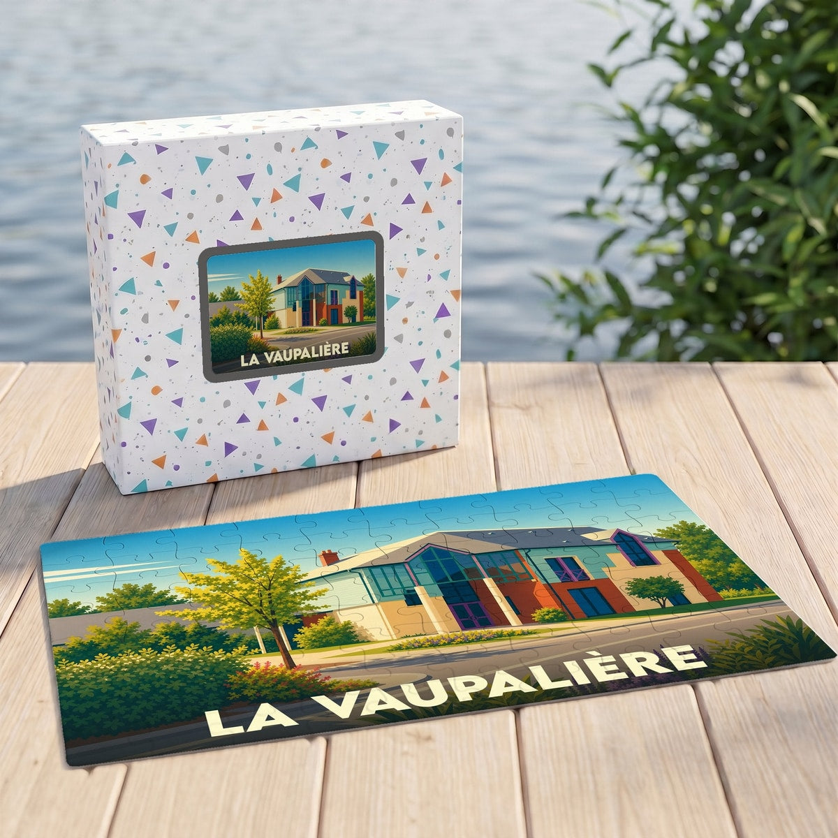 Puzzle souvenir de la ville de La Vaupalière avec une illustration stylisée d'un bâtiment moderne.