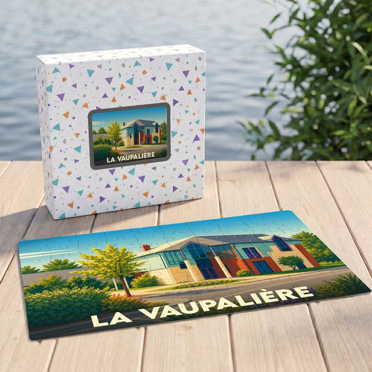 Puzzle souvenir de la ville de La Vaupalière avec une illustration stylisée d'un bâtiment moderne.