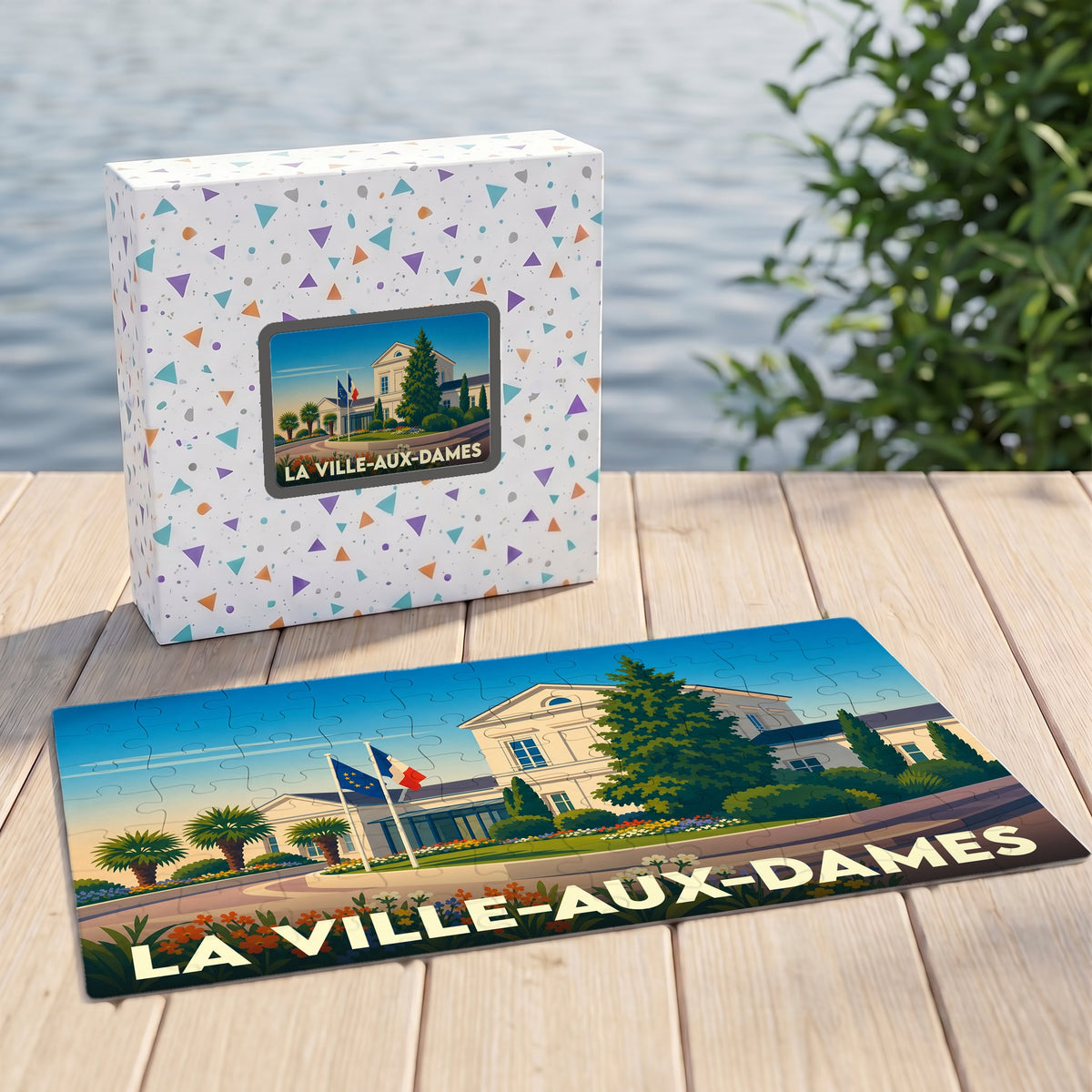 Puzzle souvenir de la ville de La Ville-aux-Dames avec une illustration stylisée d'un bâtiment officiel.