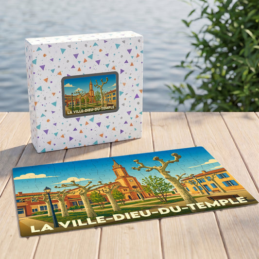 Puzzle souvenir de La Ville-Dieu-du-Temple présentant une illustration stylisée de la commune.