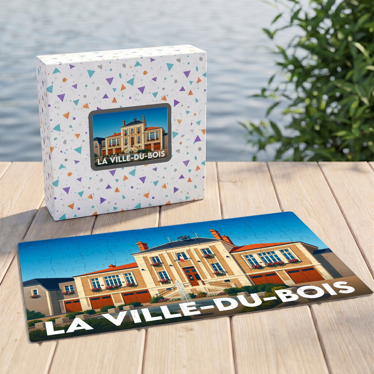 Puzzle souvenir de La Ville-du-Bois représentant une illustration stylisée de son hôtel de ville.
