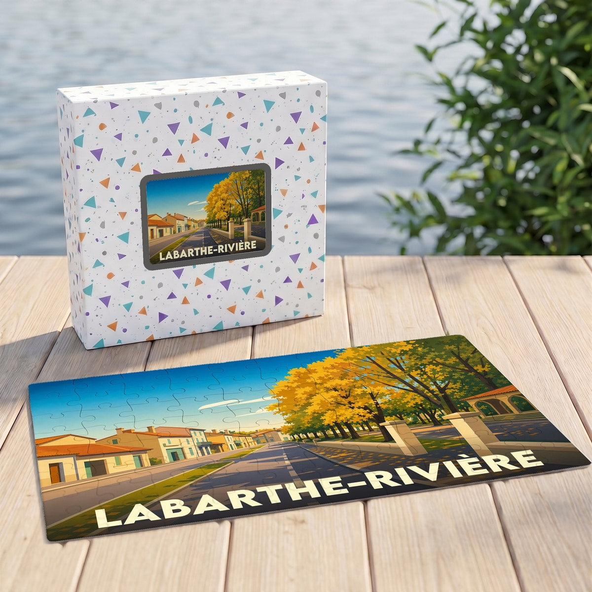 Puzzle souvenir de la ville de Labarthe-Rivière avec une illustration stylisée et colorée.