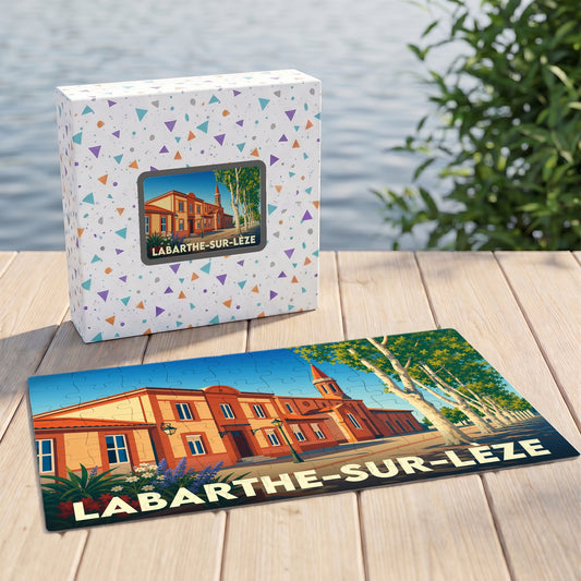 Puzzle souvenir de la ville de Labarthe-sur-Lèze avec une illustration stylisée et colorée.