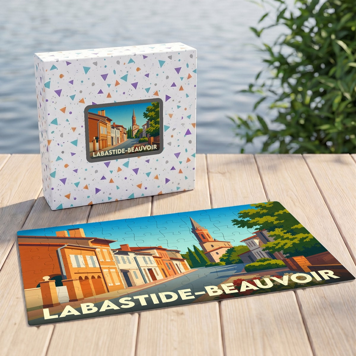 Puzzle souvenir de la ville de Labastide-Beauvoir avec une illustration stylisée et colorée.