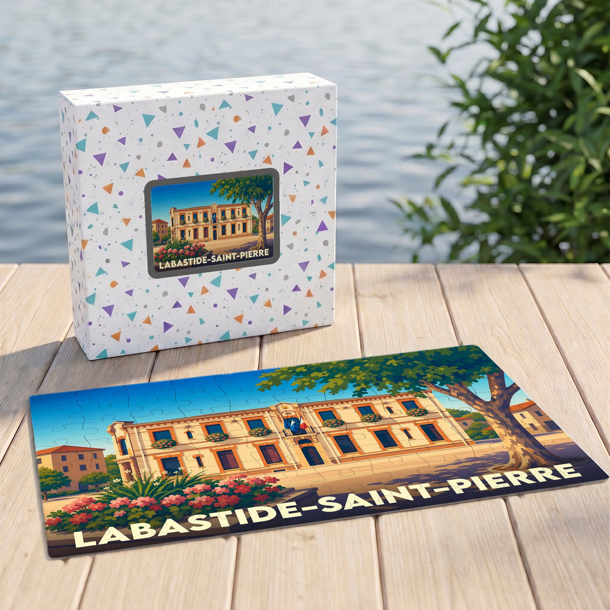 Puzzle souvenir de la ville de Labastide-Saint-Pierre avec une illustration stylisée.