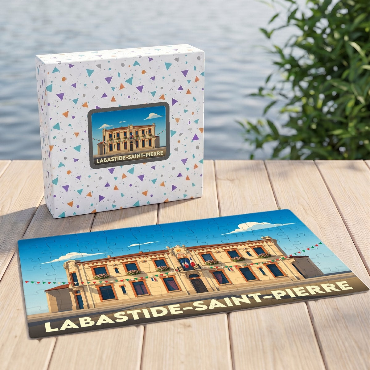 Puzzle souvenir de la ville de Labastide-Saint-Pierre avec une illustration stylisée de sa mairie.